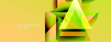 Soyut geometrik şekiller örtüşür, parlak sarı, yeşil ve turuncu renkler yaratır. Arkaplan ve sunumlar için modern tasarım ögesi.