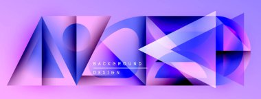 Soyut geometrik şekiller örtüşüyor, canlı mor ve mavi renkler yaratıyor. Metin arka plan tasarımı okur. Modern görsel kompozisyon.