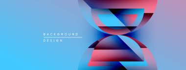 Soyut geometrik şekiller örtüşüyor, canlı renk eğimleri yaratıyor. Mavi arka plan pembe ve mor renkleri tamamlıyor. Modern tasarım ögesi.