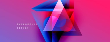 Soyut geometrik şekiller örtüşüyor, canlı pembe ve mavi renkler yaratıyor. Tasarım özellikleri katmanlı üçgenler, modern estetik.