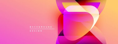 Soyut canlı tasarım, yarı saydam şekillerle örtüşen özellikler. Pembe, mor, turuncu, sarı renklerin karışımı. Modern estetik.