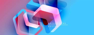 Soyut geometrik şekiller örtüşür, parlak mavi ve pembe renkler yaratır. Modern tasarım elementleri teknoloji ve yenilik öneriyor. Arkaplanda metin arkaplan tasarımı var.