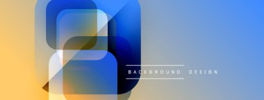 Soyut geometrik şekiller harmanlanarak canlı gradyan pankart oluşturur. Modern tasarım üst üste binen kareler, dikdörtgenler kullanır. Yumuşak renkler kompozisyona hakim.