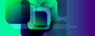 Soyut geometrik şekiller çakışıyor. Canlı gradyanlar modern tasarım yaratır. Mavi, yeşil renkler kompozisyona hakim. Minimalist estetik.