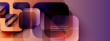 Soyut geometrik şekiller çakışıyor ve canlı gradyan pankart oluşturuyor. Turuncu, mor renkler tasarımda baskın. Modern, şık arkaplan.