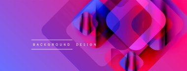 Soyut geometrik şekiller örtüşüyor, canlı mor, mavi ve pembe renkler yaratıyor. Modern tasarım elementleri dijital sanat ve teknoloji odaklı.