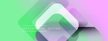 Soyut geometrik şekiller örtüşür, canlı gradyanlar yaratır. Açık yeşil, mor renkler tasarımda baskın. Modern, minimalist estetik.