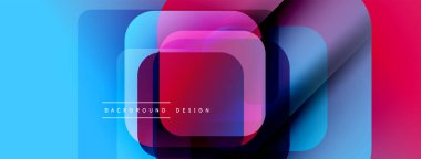 Soyut geometrik şekiller çakışıyor. Canlı maviler, pembeler, morlar modern tasarım yaratır. Metin, arkaplan tasarımını merkezden okur.