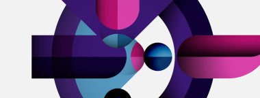 Soyut geometrik bileşim. Üst üste binen daireler, kareler dinamik görsel efektler yaratır. Mor, pembe, mavi renkler tasarımda baskın. Minimalist stil.