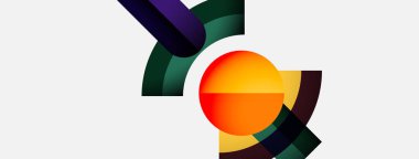 Soyut renkli şekiller örtüşür, dinamik bileşim yaratır. Turuncu küre merkeze hükmediyor, kıvrımlı şekillerle çevrili. Modern tasarım.