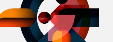 Soyut geometrik bileşim. Üst üste binen şekiller, canlı renkler, modern tasarım. Minimalist estetik, dinamik etkileşim, görsel uyum.