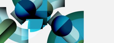 Soyut geometrik şekiller, maviler, yeşiller kompozisyona hakim. Üst üste binen daireler dinamik görsel efekt yaratır. Minimalist tasarım.