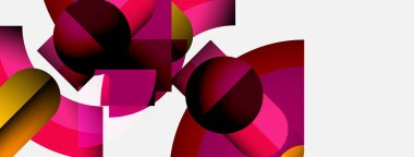 Soyut geometrik bileşim. Şekiller örtüşüyor, canlı renk değişimleri yaratıyor. Pembe, kırmızı, altın renkleri beyaz arkaplana hakim. Modern tasarım.