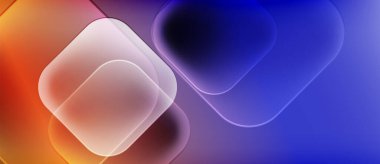 Soyut şekiller örtüşüyor, canlı renk değişimleri yaratıyor. Portakal mora karışıyor, derinlik, ışık, modern tasarım.