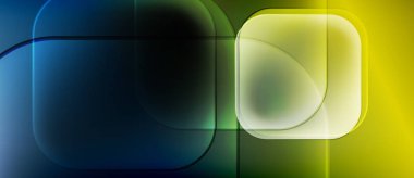 Yuvarlak kareler, eğriler ve eğimlerden oluşan soyut bir kompozisyon. Mavi, yeşil, sarı renkler koyu arkaplana hakim. Modern tasarım elemanları.