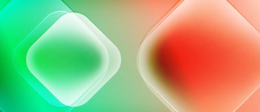 Soyut gradyanlar harmanlanarak yuvarlak kareler oluşturur. Renkler canlı yeşilden sıcak turuncuya dönüşüyor. Yumuşak ışık derinlik yaratır.