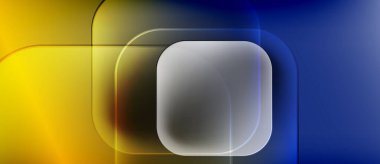 Soyut kompozisyon özellikleri üst üste binen yuvarlak dikdörtgenler. Sarı, mavi renkler baskın, modern görsel efekt yaratıyor. Yumuşak bir parıltı var.