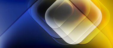 Soyut kompozisyon. Üstüste binen yarı saydam şekiller dinamik görsel efekt yaratır. Mavi, sarı renkler hafif eğimlerle baskın. Modern tasarım.