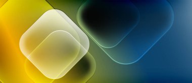 Üst üste binen yuvarlak kareler içeren soyut bir kompozisyon. Renkler sarı, yeşil ve maviye geçiyor. Yumuşak eğimler derinlik yaratır, görsel ilgi yaratır.