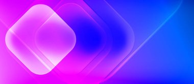 Soyut neon şekiller harmanlanarak canlı mavi ve pembe renkler yaratır. Yuvarlak kareler kesişiyor, derinlik ve ışık efektleri öneriliyor. Modern tasarım.