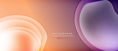 Soyut gradyanlar harmanlanarak akışkan şekiller yaratır. Sıcak turuncu dönüşümler serin mora dönüşür. Arka planlar için modern tasarım ögesi.