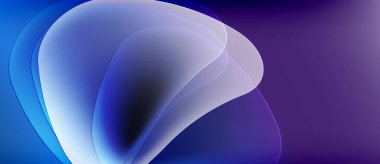 Soyut sıvı şekilleri, mavi mor gradyanlar. Yumuşak kıvrımlar hareketi, ışık etkileşimi ise yumuşak parıltıyı gösterir. Minimalist tasarım.