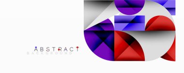 Modern soyut tasarım üst üste binen geometrik şekiller içerir. Kırmızı, mor, mavi tonlar beyaz arkaplan üzerinde dinamik görsel etki yaratır.