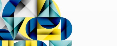 Soyut geometrik bileşim. Mavi, sarı, gri şekiller dinamik görsel efekt yaratarak kesişiyor. Minimalist tasarım, modern estetik.