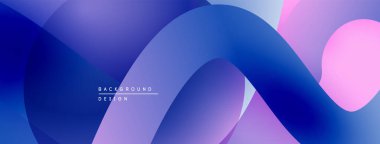 Soyut sıvı şekilleri örtüşür, canlı mor, mavi ve pembe renkler yaratır. Modern tasarım hareketi çağrıştırıyor, derinliği.