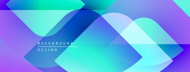 Soyut geometrik tasarım. Canlı gradyanlar, üst üste binen şekiller modern görsel efektler yaratır. Mavi, mor, turkuaz renkler baskın kompozisyon.