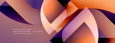 Soyut geometrik şekiller örtüşür, canlı gradyanlar yaratır. Sıcak turuncu, serin mor tonlara karışıyor. Modern tasarım ögesi.
