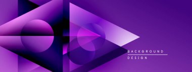 Soyut mor tasarım geometrik şekiller, daireler, üçgenler içerir. Renkler derinlik yaratır, modern estetik. Mevcut en küçük metin.