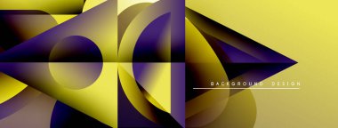 Soyut geometrik tasarım. Sarı, mor renkler dinamik şekiller yaratır. Modern estetik, arka planlar ve sunumlar için uygun..
