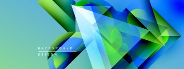 Soyut geometrik şekiller, canlı maviler, yeşiller dinamik arkaplan oluşturur. Modern tasarım elementleri yenilik ve enerji öneriyor.