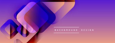 Soyut geometrik şekiller örtüşüyor, canlı mor, mavi, turuncu gradyan oluşturuyor. Arkaplan ve sunumlar için uygun modern tasarım.