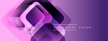Soyut geometrik şekiller, mor gradyanlar, modern tasarım. Üst üste binen kareler dinamik görsel efekt yaratır. Minimalist stil.