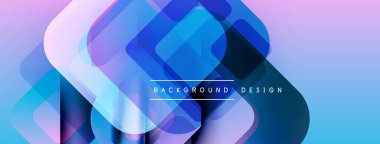 Soyut geometrik şekiller örtüşüyor, canlı mor ve mavi renkler yaratıyor. Modern tasarım dinamik ve taze hissettiriyor. Arkaplan teknoloji ve yenilik öneriyor.