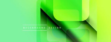 Soyut yeşil katmanlar dinamik arkaplan oluşturur. Modern tasarım üst üste binen kareler, gradyanlar, metin elementleri içerir. Minimalist estetik.