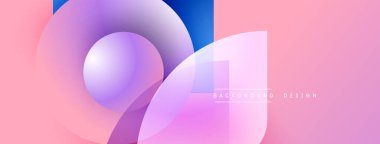 Soyut tasarım özellikleri üst üste binen küreler, gradyanlar. Pembe, mor, mavi renkler modern estetik yaratıyor. Metin arkaplan tasarımı okur.