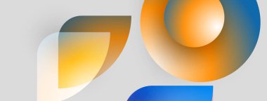 Soyut şekiller örtüşür, parlak turuncu ve mavi renkler yaratır. Modern tasarım yenilik, teknoloji, iletişim kavramları öneriyor. Minimalist estetik.