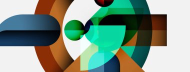 Soyut geometrik bileşim. Üst üste binen şekiller, dinamik görsel ilgi yaratır. Renkler karışıyor, karmaşık desenler oluşturuyor. Modern tasarım.