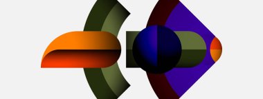 Soyut şekiller örtüşür, canlı renk kombinasyonları yaratır. Geometrik biçimler derinlik, hareket, modern tasarım.