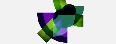 Üst üste binen şekiller içeren soyut kompozisyon. Yeşiller, morlar dizaynın hakimi. Minimalist estetik, temiz arkaplan sunumu.