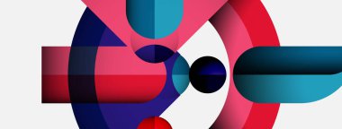 Üst üste binen renkli şekiller içeren soyut bir kompozisyon. Daireler, dikdörtgenler dinamik görsel efektler yaratır. Modern tasarım, canlı renkler sunar.