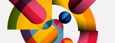 Soyut kompozisyon. Üst üste binen renkli şekiller, dinamik görsel ilgi yaratır. Beyaz arkaplanlı parlak renkler. Modern tasarım.