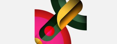 Soyut kompozisyonda üst üste binen renkli kurdeleler, kırmızı daireler var. Modern tasarım, canlı renkler, basit geometri. Temiz estetik.