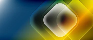 Soyut kompozisyon. Renkler karışır, katmanlı kareler oluşturur. Parlak sarı, mavi renkler dizaynın hakimi. Merkezden hafif bir parıltı yayılıyor.