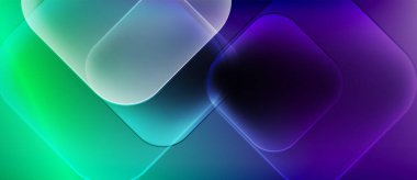 Soyut gradyanlar harmanlanarak yuvarlak kareler oluşturur. Teal mora dönüşüyor, parlak bir etki yaratıyor. Minimalist tasarım, modern estetik.