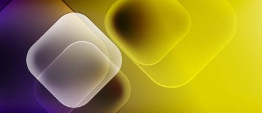 Yuvarlak kareler içeren soyut kompozisyon, canlı sarı, mor renkler. Yumuşak eğimler derinlik yaratır, modern estetik. Minimalist tasarım.