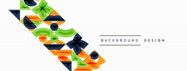 Soyut geometrik şekiller canlı bir arka plan tasarımı yaratır. Renkler arasında yeşil, turuncu, mavi, siyah yer alıyor. Minimalist stil.